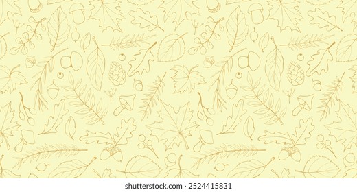 Seamless pattern falling leaves, acorns, berries, cones. Vector light autumn texture isolated on yellow, brown outline. Concept of forest, leaf fall, nature, thanksgiving
