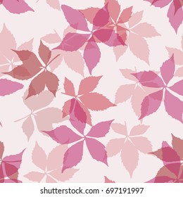 Seamless pattern with falling leaves. Background with autumn virginia creeper leaves. Simple light design for printing on fabric, textiles, paper, wallpapers, banners, backdrops. Vector illustration