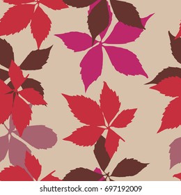 Seamless pattern with falling leaves. Background with autumn virginia creeper leaves. Simple bright design for printing on fabric, textiles, paper, wallpapers, banners, backdrops. Vector illustration