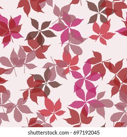 Seamless pattern with falling leaves. Background with autumn virginia creeper leaves. Simple light design for printing on fabric, textiles, paper, wallpapers, banners, backdrops. Vector illustration