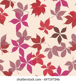 Seamless pattern with falling leaves. Background with autumn virginia creeper leaves. Simple bright design for printing on fabric, textiles, paper, wallpapers, banners, backdrops. Vector illustration