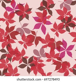 Seamless pattern with falling leaves. Background with autumn virginia creeper leaves. Simple bright design for printing on fabric, textiles, paper, wallpapers, banners, backdrops. Vector illustration