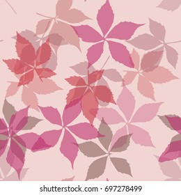 Seamless pattern with falling leaves. Background with autumn virginia creeper leaves. Simple light design for printing on fabric, textiles, paper, wallpapers, banners, backdrops. Vector illustration