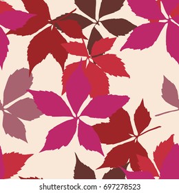 Seamless pattern with falling leaves. Background with autumn virginia creeper leaves. Simple bright design for printing on fabric, textiles, paper, wallpapers, banners, backdrops. Vector illustration