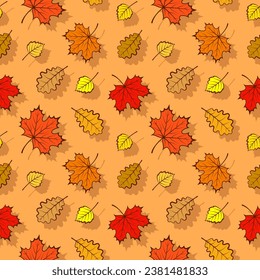 Seamless pattern with falling leaves of birch, maple and oak, autumn seasonal background for your design in warm colors