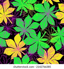 Seamless pattern with  falling leaves of chestnut on black background. For textile, gift paper, wallpaper, poster.