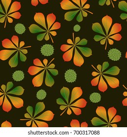 Seamless pattern. Falling leaves and chestnut fruits on a dark background. The approach of autumn. Vector illustration.