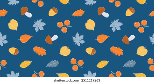 Padrão sem emenda com folhas caindo, cogumelos, bolotas. Impressão abstrata simples de outono. Gráficos vetoriais.