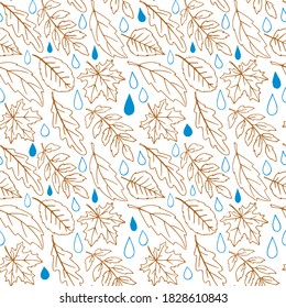 Seamless pattern of falling leaves with raindrops. Leaf fall and Rain in the forest. Vector autumn texture isolated on white background, hand drawn in sketch style, color outline