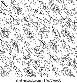 Seamless pattern falling leaves. Vector autumn texture isolated on white background, hand drawn in sketch style, black outline. Concept of forest, leaf fall, nature