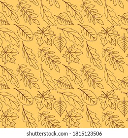 Seamless Pattern Falling Leaves. Vector Autumn Texture Isolated On Orange Background, Hand Drawn In Sketch Style, Brown Outline. Concept Of Forest, Leaf Fall, Nature