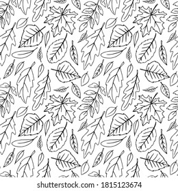 Seamless pattern falling leaves. Vector autumn texture isolated, hand drawn in sketch style, orange outline. Concept of forest, leaf fall, nature