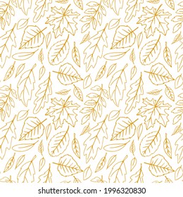 Seamless pattern falling leaves. Vector autumn texture isolated on white background, hand drawn in sketch style, orange outline. Concept of forest, leaf fall, nature