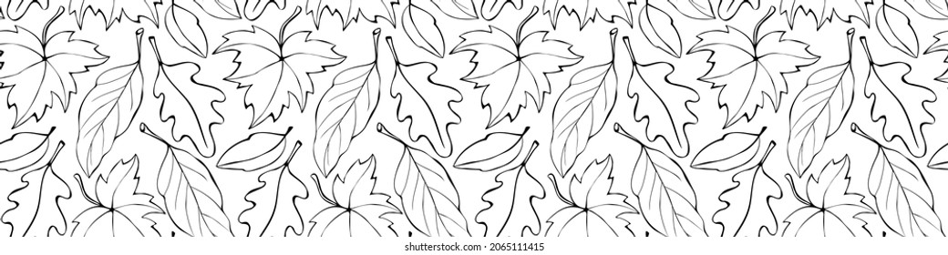 Seamless pattern falling leaves. Vector autumn texture isolated, outline, sketch style. Concept of forest, leaf fall, nature