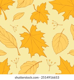 Seamless pattern falling leaves. Vector autumn yellow golden texture isolated, flat doodle style, outline. Concept of forest, leaf fall, nature, seasons