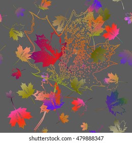 Seamless pattern of falling maple leaves. Grey background. Red and violet leaves. Can be used as poster, wallpaper, backdrop, background...