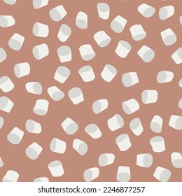 Seamless pattern of falling marshmallows in cocoa. Sweet food on a brown background. Drink additive. Vector illustration