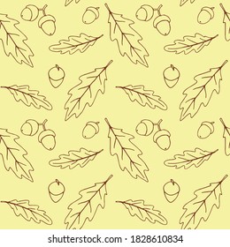 Seamless pattern with falling oak leaves, acorns. Vector autumn texture isolated, hand drawn in doodle outline style. Concept of forest, happy fall, nature, thanksgiving