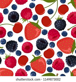 Seamless pattern from falling ripe berries. Raspberries, strawberries, blackberries, cherries, blueberries. Background. Design for poster, label, banner. Vector illustration.