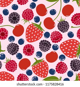 Seamless pattern from falling ripe berries. Raspberries, strawberries, blackberries, cherries, blueberries. Background. Design for poster, label, banner. Vector illustration.