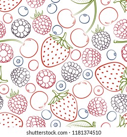 Seamless pattern from falling ripe berries. Raspberries, strawberries, blackberries, cherries, blueberries. Background. Design for poster, label, banner. Vector illustration.