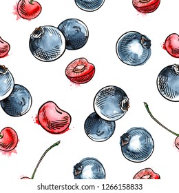 Seamless pattern from falling ripe berries cherries, blueberries. Background. Design for poster, label, banner. Vector.