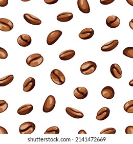 Seamless pattern of falling roasted coffee beans on a white background. Endless vector illustration for a restaurant or cafe. Realistic backdrop of arabica and robusta grains