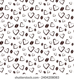 Seamless pattern of falling roasted coffee beans and hearts on a white background. Endless vector illustration for a restaurant or cafe.