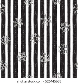 Seamless pattern of falling silver snowflakes on grunge striped background. Scribble pattern for banner, greeting, Christmas, New Year card, invitation, postcard, paper packaging. Vector illustration