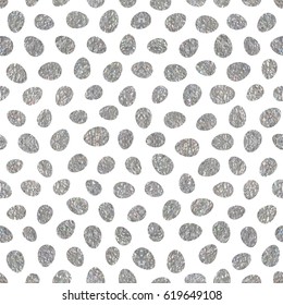 Seamless pattern of falling silver textured easter eggs on white background. Elegant backdrop for Easter greeting cards, banners, invitations, wrapping and paper packaging. Vector illustration.
