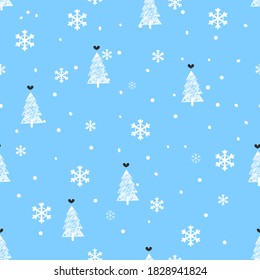 Seamless pattern with falling snowflakes on blue background vector illustration. Flat design.