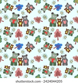 Seamless pattern with a family of cute teddy bears holding hearts. Seamless pattern on a light background.