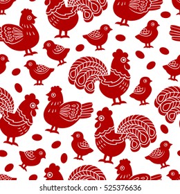 Seamless pattern with family of red cock, hen, chicken and eggs - symbol of New Year 2017 on white background. For holiday wrapping, decoration. Art vector illustration.