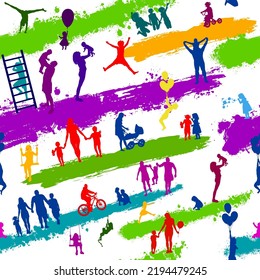 Seamless pattern family. Silhouettes of children. Vector illustration