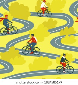 Seamless pattern of family walking on bicycles. People ride bicycles in the autumn park. Outdoor recreation. Flat vector illustration.