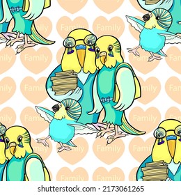 seamless pattern Family of wavy parrots mom, dad and baby. vector illustration