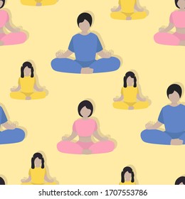 seamless pattern for Family yoga concept.  man, woman and girl in lotus position. Mom, dad and daughter meditation together on sport mat. Cute illustration in flat style.