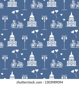 Seamless pattern with famous building, bicycle, lantern, balloons, hearts. Travel and leisure. Valentine's Day. Romantic background.