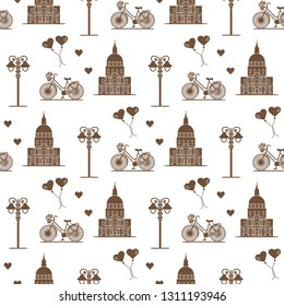 Seamless pattern with famous building, bicycle, lantern, balloons, hearts. Travel and leisure. Valentine's Day. Romantic background.