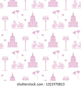 Seamless pattern with famous building, bicycle, lantern, balloons, hearts. Travel and leisure. Valentine's Day. Romantic background.