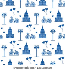 Seamless pattern with famous building, bicycle, lantern, balloons, hearts. Travel and leisure. Valentine's Day. Romantic background.