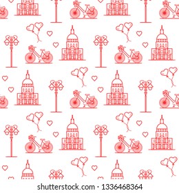 Seamless pattern with famous building, bicycle, lantern, balloons, hearts. Travel and leisure. Valentine's Day. Romantic background.