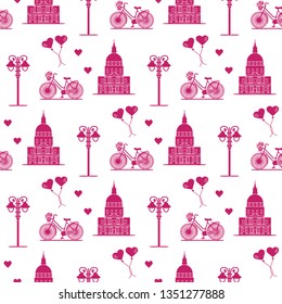 Seamless pattern with famous building, bicycle, lantern, balloons, hearts. Travel and leisure. Valentine's Day. Romantic background.