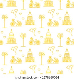Seamless pattern with famous building, bicycle, lantern, balloons, hearts. Travel and leisure. Valentine's Day. Romantic background.