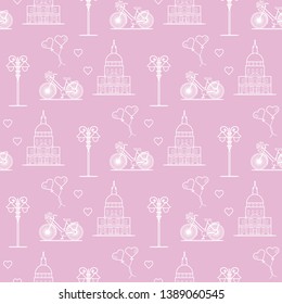Seamless pattern with famous building, bicycle, lantern, balloons, hearts. Travel and leisure. Valentine's Day. Romantic background.