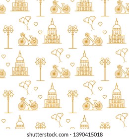 Seamless pattern with famous building, bicycle, lantern, balloons, hearts. Travel and leisure. Valentine's Day. Romantic background.