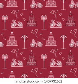 Seamless pattern with famous building, bicycle, lantern, balloons, hearts. Travel and leisure. Valentine's Day. Romantic background.