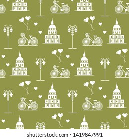 Seamless pattern with famous building, bicycle, lantern, balloons, hearts. Travel and leisure. Valentine's Day. Romantic background.