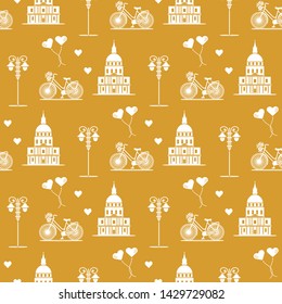 Seamless pattern with famous building, bicycle, lantern, balloons, hearts. Travel and leisure. Valentine's Day. Romantic background.