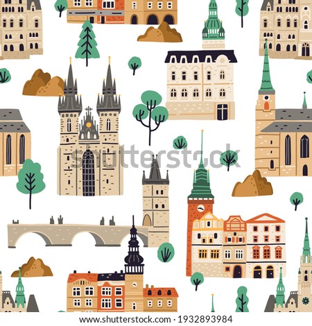 Seamless pattern with famous Czech buildings on white background. Endless repeatable texture with Prague architecture. Colored flat vector illustration of European churches, castles and houses